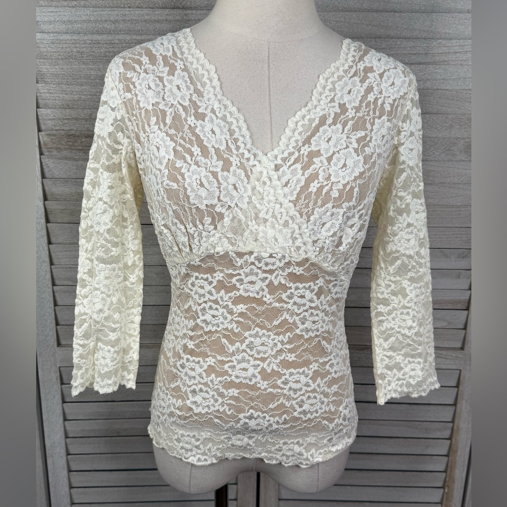 CABI Ivory Lace 3/4 Sleeve Blouse with Nude Lining-Medium